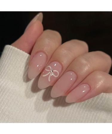 SINLOV Arch False Nails Almond Medium Long Pink False Nail French Shiny Full Cover Nails Press On False Nails for Women Girls