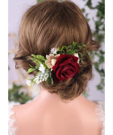 Anglacesmade Bridal Flower Hair Comb Burgundy Dark Red Rose Cream Daisy Eucalyptus Greenery Headpiece for Rustic Wedding Photo Shoot Prom Party Festival