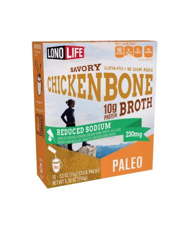 LonoLife - Reduced Sodium Chicken Bone Broth Sticks - 10g Collagen Protein - Gluten-Free - Keto & Paleo Friendly - Portable Individual Packets - 10 count Reduced Sodium Chicken Bone Broth 5.3 Ounce (Pack of 1)