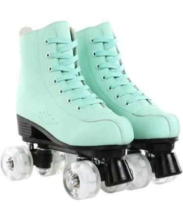 Cozy Green PU Leather High-top Roller Skates for Women | Beginner Indoor Outdoor Double-Row Skates with Flash Wheels - Size 37 - Buy Online on GoSupps.com