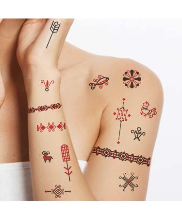 Ukrainian traditional Ornaments minimalistic ethnic temporary tattoos with black and red geometric illustrations