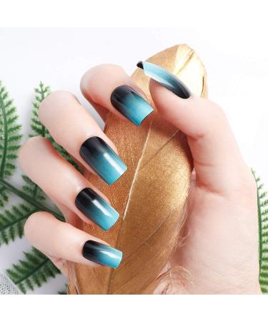 LIARTY 24 Pcs 12 Different Size Simple Gardient Blue Black Medium Length Square Full Cover False Nails with Design