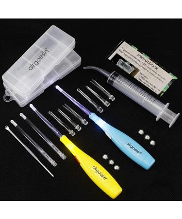 Airgoesin 2 Lighted Tonsil Stone Remover or Earwax Removal Tool 10 Tips Tonsillolith Pick Case + Irrigator Clean