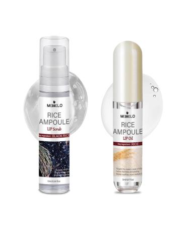 Black and White Rice Ampoule Lip Scrub and Oil Set Rice Ampoule Duo Lip Exfoliator Solution Hydrating Lip Oil for Softer & Smoother lips