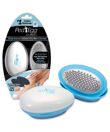 Ped Egg Classic Callus Remover, As Seen On TV, New Look, Safely and Painlessly Remove Tough Calluses & Dry Skin to Reveal Smooth Soft Feet, 135 Precision Micro-Blades, Traps Shavings Mess-Free White