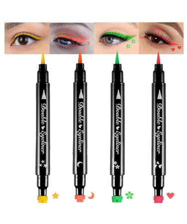 BINGBRUSH 4Pcs Double-head Liquid Stamp Eyeliner Pencil  5 in 1 Green Flowers Red Heart Orange Moon Yellow Star Shapes Face Stamps Makeup Colorful Waterproof Slim Gel Felt Tip High Pigment Liquid Eyeliner & Seal Colorful...