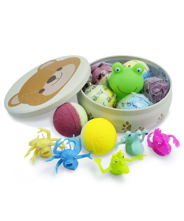 5+1 Tin Box Bath Bomb Gift Set, Natural & Organic Bath Fizzy Bomb with Croaking Floating Frog and Finger Toys, Colorful Moisturizing Relaxing Bath Spa, Perfect Self Care Kids Gift Set, Birthday Gift 5+1 Bath Bombs with Fin