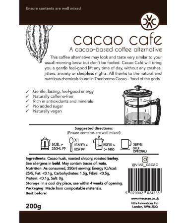 Cacao Cafe 200g | Coffee alternative (made from cacao) | For brewing in a cafetiere | Gentle Energy | Low Calorie | No Coffee | No Sugar | Antioxidants | Compostable Packaging - Buy Online on GoSupps.com