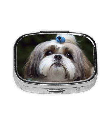 Shih Tzu Dog Printing 2 Compartment Small Pill Case Cute Small Pill Box Purse Pill Boxs Travel Pill Organizer for Pocket Purse and Travel Gifts