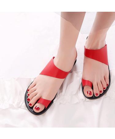 Summer Solid Flat Sandals for Women - Outdoor PU Open Toe Cutout Slip-on Orthopedic Bunion Corrector Beach Sandals - Red 7.5 - Buy Online on GoSupps.com