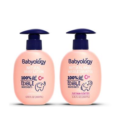 Babyology BUNDLE - 100% Edible Ingredients - All Natural Baby Wash and Shampoo Rose + Organic Baby Lotion - 6 76 FL OZ Good for Sensitive Skin or Eczema - Non Toxic - Fragrance Free
