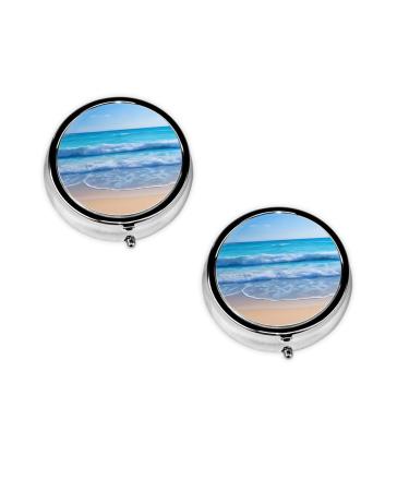 (Beach and Sea) Round Pill Box 3 Compartment Pill Box Mini Decorative Pocket Purse Portable Travel Medicine Tablet Vitamin Holder Organizer Pill Case