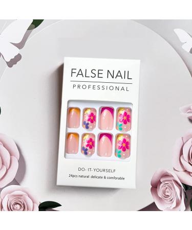 Daisy Short Square Press on Nails - 24 pcs Glossy French Tip Fake Nails - Buy Online on GoSupps.com