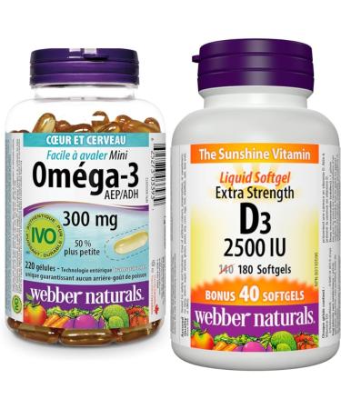 Webber Naturals Omega-3 300 mg Mini 220 Clear Enteric No Fishy Aftertaste Mini Softgels & Vitamin D3 2500 IU Extra Strength 180 Softgels