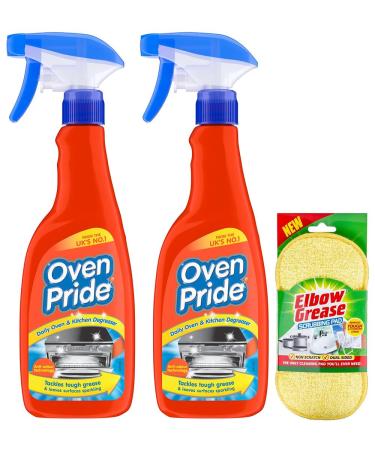 2X Oven Pride Daily Oven and Kitchen Degreaser Spray- 2X 500ml- Removes Tough Grease from Ovens Hobs Extractors Kitchen Surfaces - with Scrubbing Pad 2X Oven Pride Degreaser Spray + Scrubbing Pad