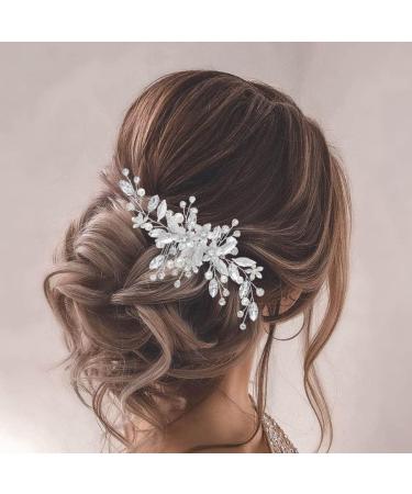 IYOU Bridal Wedding Hair Comb Sliver Sparkly Rhinestones Side Combs Shiny Crystal Flower Hair Piece Bride Pearl Leaf Hair Accessories for Women and Girls - Buy Online on GoSupps.com