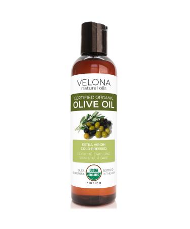 Velona USDA Certified Organic Olive Oil - 4 oz | 100% Pure and Natural Carrier Oil | Extra Virgin  Unrefined  Cold Pressed | Cooking  Dressing  Face  Hair  Body & Skin Care | Use Today - Enjoy Results 4 Ounce (Pack of 1)