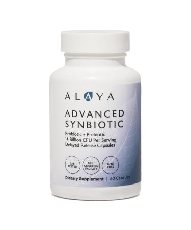 Alaya Naturals Advanced Synbiotic - Probiotic + Prebiotic - 14 Billion CFU Delayed Release Probiotic Supplement with Prebiotics from Sunfiber , and L-glutamine for Gut Lining Integrity - 60 Capsules