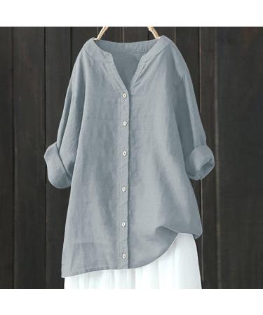 Womens Summer Cotton and Linen Loose Fit Blouses Button Up Tops Ladies Retro T Shirts Casual Going Out Short Sleeve Tunic Top V-Neck Oversized Tee 112-qppoj-grey#2 M - Buy Online on GoSupps.com