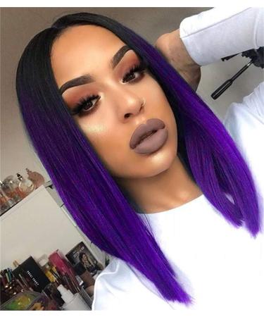 Quick Wig Ombre Wigs Purple Short Straight Bob Wig Black to Purple Middle Part Heat Resistant Fiber Synthetic Cosplay Party Wigs for Women