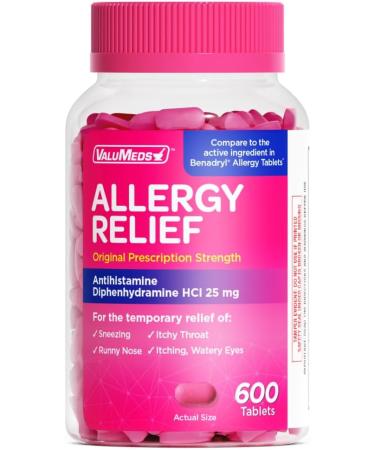 ValuMeds Allergy Medicine (600 Tablets) Antihistamine Diphenhydramine HCl 25 mg  Children and Adults  Relieve Itchy Eyes Runny Nose Sneezing - Buy Online on GoSupps.com