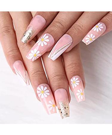 Buy Vatocu Long Pink Coffin Acrylic Press-On Fingernails - 24 Shiny Flower Designs for Women & Girls - International Shipping Available - Buy Online on GoSupps.com