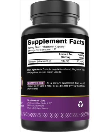 Oxify Vitamin B-2 (Riboflavin) 400 mg | 120 Vegetarian Capsules | Gluten-Free Non-GMO | Supplement Made in USA - Buy Online on GoSupps.com