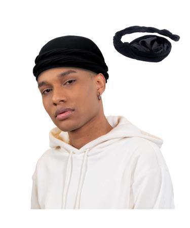 Silk Satin Lined Turban Durag for Men and Women - Pretied Twist Head Wrap Skull Cap with Elastic - Sleep Bonnet for Hair(Black)