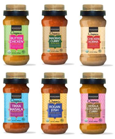Khazana ORGANIC Indian Simmer Sauce Variety Pack - 6 x 12.7oz Jars | Non-GMO, Vegan, Gluten Free, Kosher | Easy to Cook Authentic Indian Meals at Home!