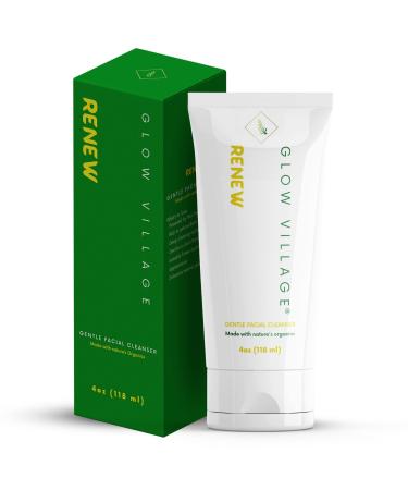 Glow Village Renew Gentle Facial Cleanser with Botanical Hyaluronic Acid | Vegan Organic | Deep Cleansing Blemish-Fighting | For Sensitive and Combination Skin| Fragrance Free | 4 oz