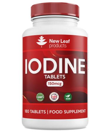 Iodine Tablets 150mcg 180 Vegan High Strength Tablets Iodine Supplements Natural Source of Iodine from Potassium Iodide 6 Month Supply GMO Free Made in UK by New Leaf 180 Count (Pack of 1)