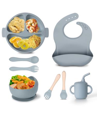 8 pieces of silicone baby dishes bpa free baby plate with suction cup slippery children's harness set with bib drinker cup spoon bowl bowl for toddlers (blue)