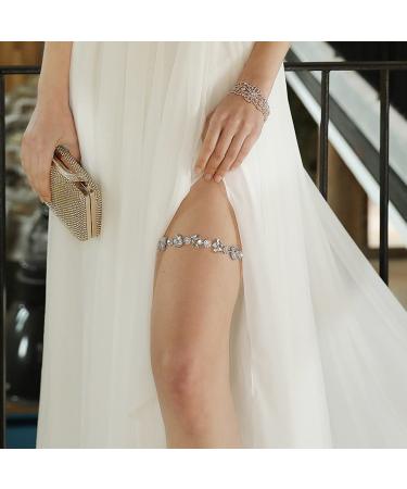 BETHYNAS Shiny Wedding Bridal Garter Bling Diamond-Cut Thigh Chain for Brides Handmade Gemstone Cluster Leg Chain for Wedding Stretchy Thigh Belt for Women Girls (Style 2)