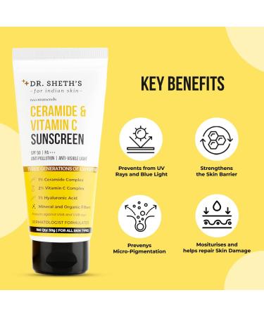 Dr. Sheth's Ceramide & Vitamin C Sunscreen SPF 50+ | UVA UVB Protection | Unisex One Step Routine | 1.76 Oz - Buy Online on GoSupps.com