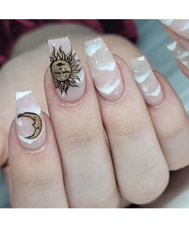 MISUD Extra Long Coffin Press on Nails - 24Pcs Glossy Stars Moon Acrylic False Nails for Women & Girls (StyleH08) - Buy Online on GoSupps.com