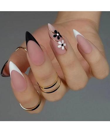 JUSTOTRY 24 Pcs Stiletto Flower Fake Nails Long Matte Black and White French Press on Nails Patterns Beautiful Almond Stick on Nails for Women Acrylic Extra Long False Nails with Glue for Nail Art Flower& Stiletto1