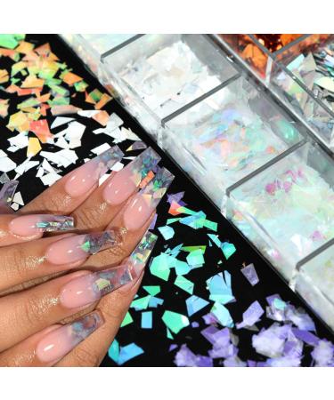 Holographic Nail Glitter Flakes | 12 Grids 3D Irregular Sequins | Shiny Gold & Silver Nail Art Supplies | Vintage Glitter for UV Gel Nails Design - Buy Online on GoSupps.com
