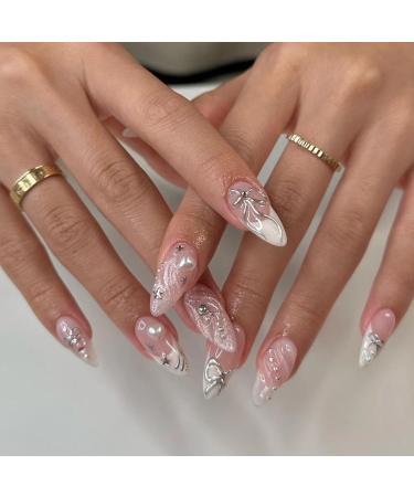 Almond Press on Nails Medium French Tip Fake Nails with Design Sliver Bow Glue on Nails 3D Water Ripple Acrylic Nails Y2k Star Stiletto False Nails Full Cover Stick on Nails for Women Manicure 24Pcs Color 24 0.04 Fl Oz (Pack of 24)