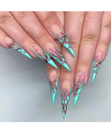 JUSTOTRY 24 Pcs Flower Stiletto Fake Nails Long Green French Press on Nails Patterns Beautiful Almond Stick on Nails for Women Acrylic Extra Long False Nails Long with Glue for Nail Art Flower & Stiletto1