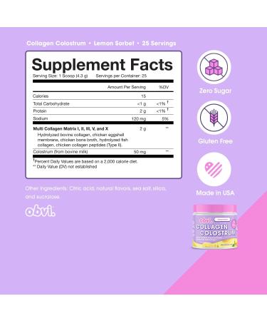 Obvi Collagen Peptide Colostrum Powder | Multi-Collagen Peptides with Grass-Fed Bovine Colostrum | Supports Gut Health Immune Skin & Hair | Gluten-Free Keto-Friendly | Lemon Sorbet 30 Servings - Buy Online on GoSupps.com