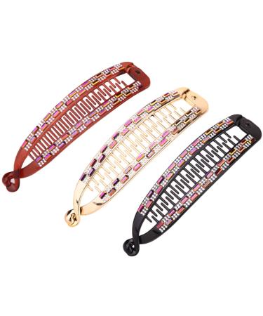 KALLORY 3pcs horsetail Wild Pins Clamp Women Banana Ladies Combs Rhinestone Pattern Decorative Golden Clincher Ponytail Black Giftverticalbright Hair Accessories Horail Birthday Clips 15X3.8X0.5cm Vertical drill