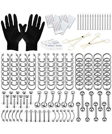 BodyJ4You 200PC PRO Body Piercing Kit | Nose Septum Ear Cartilage Lip Belly Navel Tragus Eyebrow | Surgical Steel 14G 16G BCR CBR Ring Barbell Spike | Tools Needles Gloves Clamps 200 Pieces Straight Needles