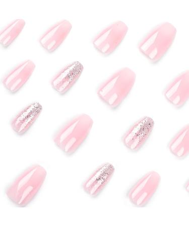 Shop 24pcs Medium Length Pink Gradient Square Press-On Nails with Glitter | Full Cover Glossy Fake Nails & Glue for Women - Buy Online on GoSupps.com