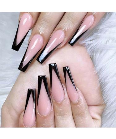 Outyua Black French Press on Nails Extra Long Fake Nails Coffin Ballerina Super Long False Nails Cute Full Cover Acrylic Nails for Women and Girls 24Pcs (Black)