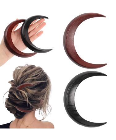 2 Pcs Hand Carved Crescent Moon Hair Fork for Women Wooden Moon Barrettes Moon Hairpin Wooden Moon Hair Clip Moon Hair Stick Wood Moon Hair Accessories Crescent Hair Styling Pins  Black & Red