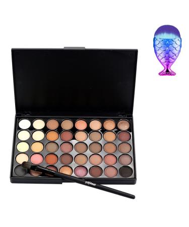 LandFox Cosmetic Matte Eyeshadow Cream Makeup Palette Shimmer Set 40 Color+ Brush Set+Fishtail Bottom Brush (A)