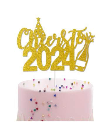 Cheers to 2024 Cake Topper Gold Glitter Happy New Year Cake Picks for New Year Eve Christmas Holiday Party Decorations