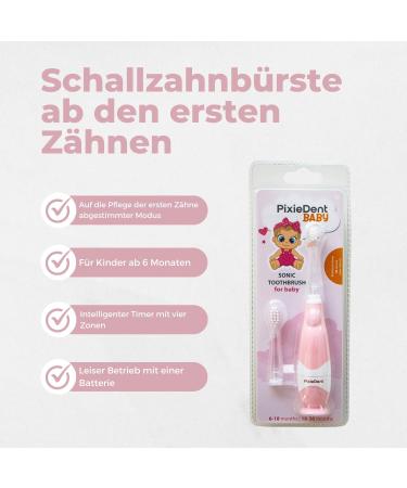 Pixiedent Electric Toothbrush for Children Ultrasound & Sound 2 Replacement Brushes Timer Gentle Bristles LED - Perfect for Ages 0-3 (White & Pink) - Buy Online on GoSupps.com