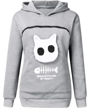 Womens Cat & Dog Long Sleeve Hoodie Sweater with Zipper - Cozy Big Bag Sweatshirt in Gray - Buy Online on GoSupps.com