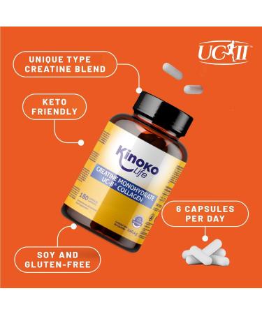 Kinoko Life Creatine Monohydrate 3000mg with UC-II Collagen 180 Capsules Pure Micronized Creatine Monohydrate Creatine Capsules for Joints and Bodybuilding Pre Workout Preworkout - Buy Online on GoSupps.com